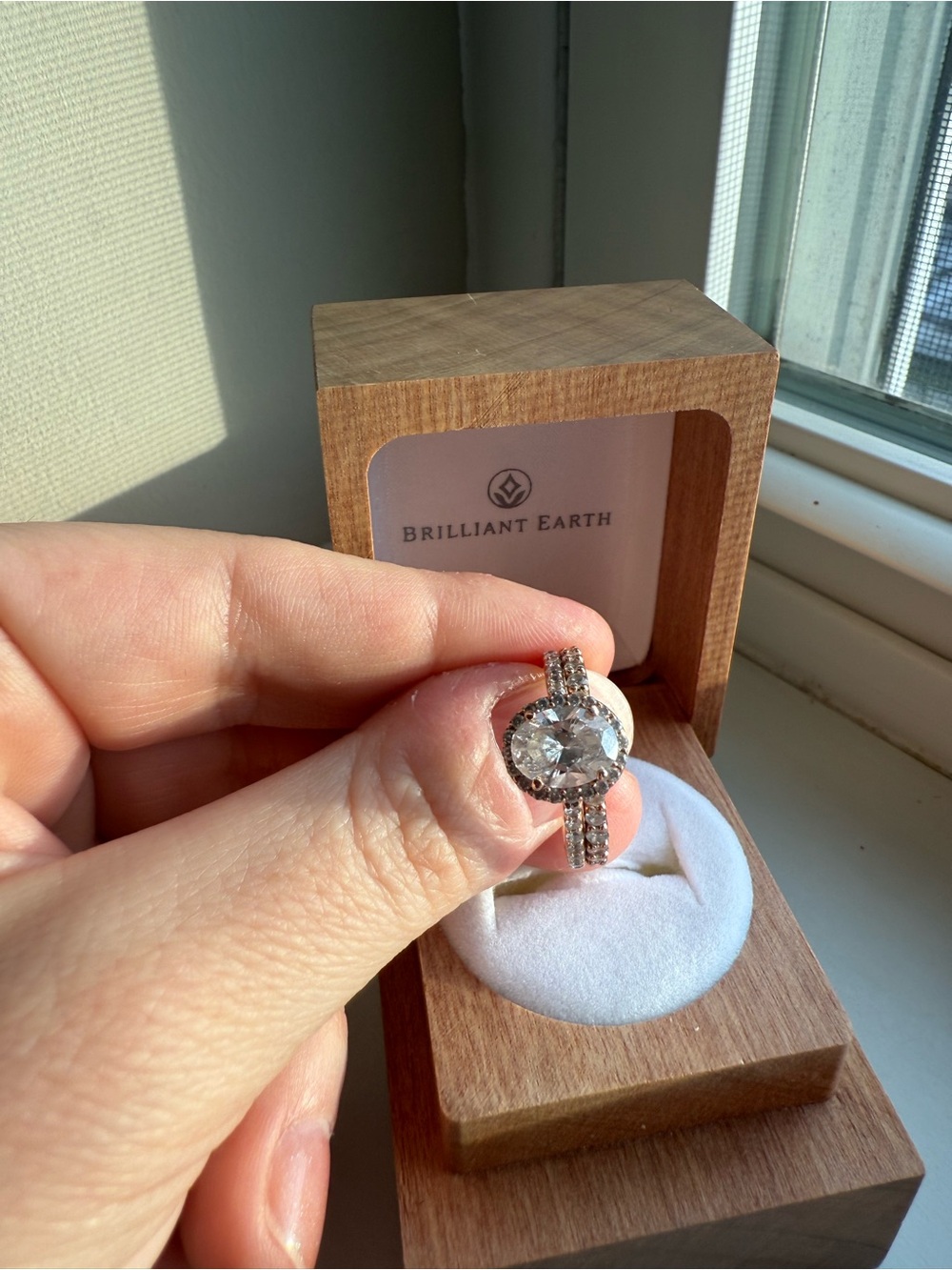 Brilliant Earth Rose Gold Halo Engagement Ring with soldered Pave Wedding Band